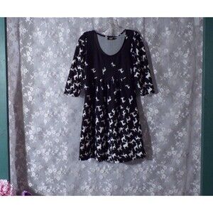 Deer Print Knit Mini Dress Size Medium Black & White Forest Nature Winter Cozy